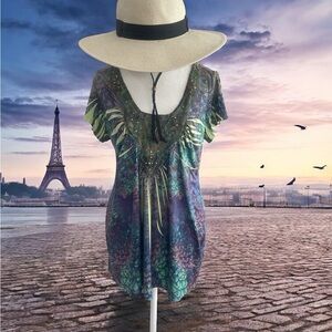 Covington Silver and Green Flutter Sleeve Blouse